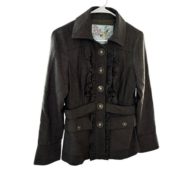 Anthropologie Tabitha Oxer Military Ruffle Green Wool Jacket Size 4 - Picture 2 of 12